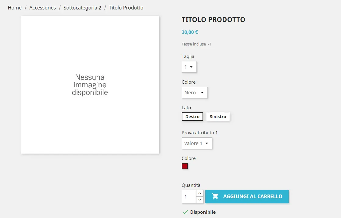 visualizzazione standard degli attributi prodotto